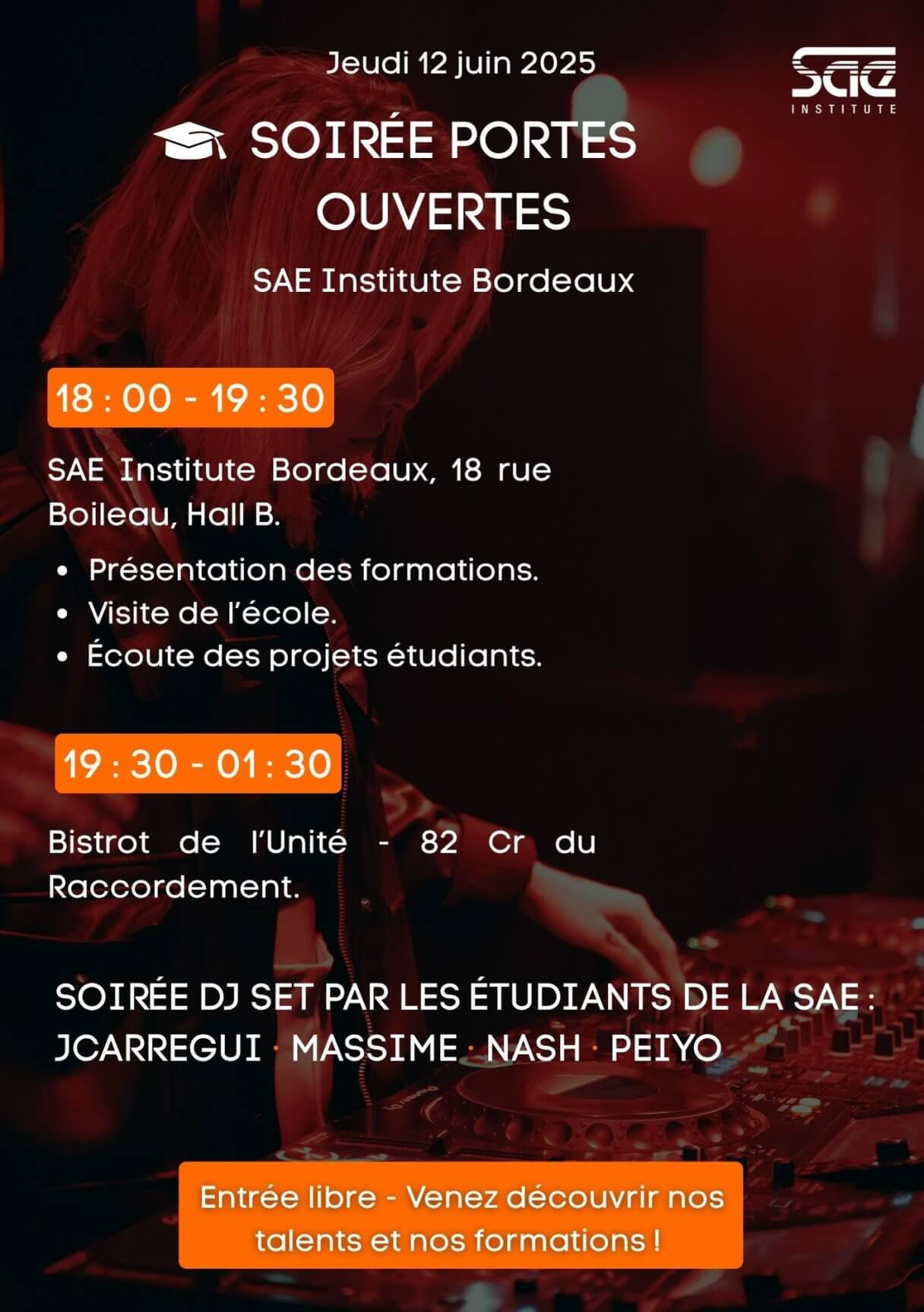 Flyer test Flyer événementiel pour la Portes Ouvertes de la SAE Institute Bordeaux, jeudi 12 juin 2025.