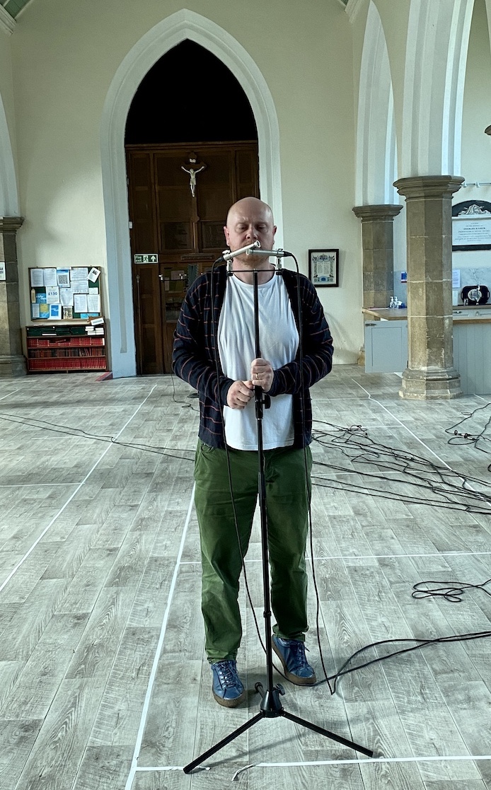 Adjusting stereo 'Gerzon' microphone array at St John The Evangelist Church, Upper Denby