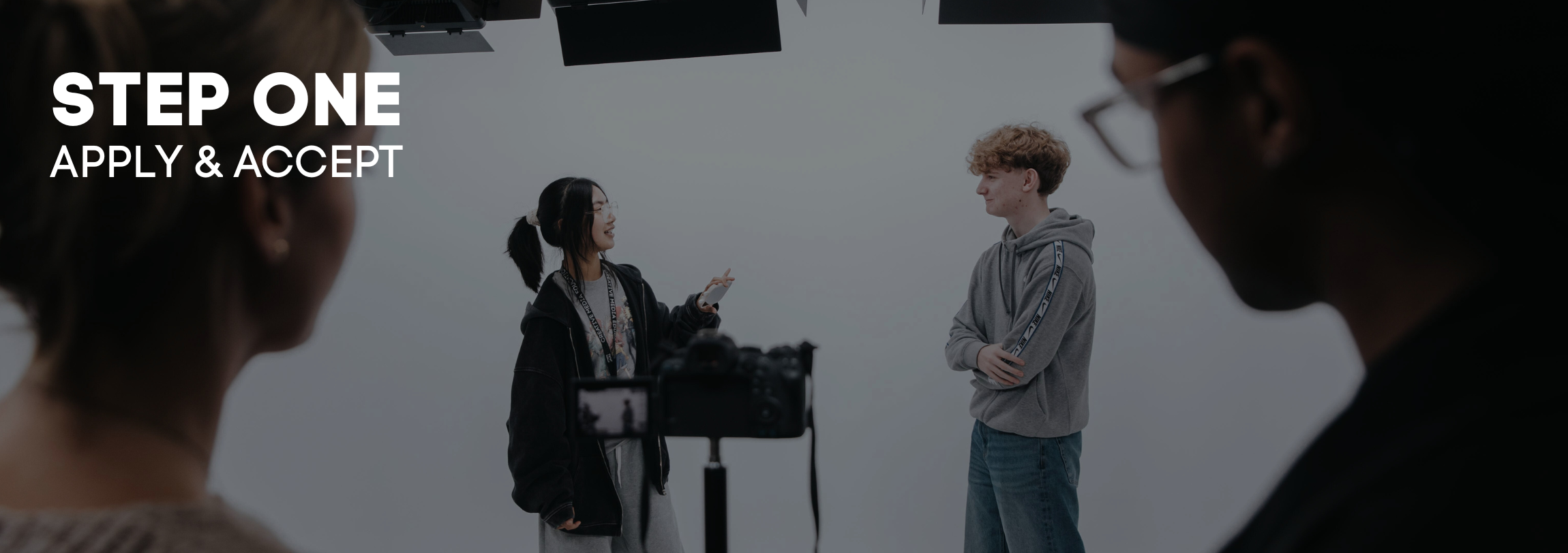 sae-onboarding-step-one-apply-and-accept Banner of SAE students in a film studio, for step one of SAE's Onboarding - apply & accept